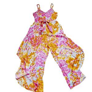 Women's S Spaghetti Strap Jumpsuit Bright Floral Wide Leg Tropical Pink Orange